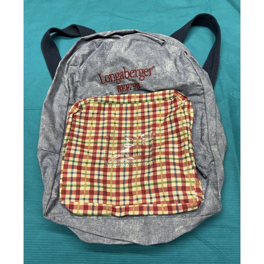 Vintage Longaberger BEE '98 Backpack Denim Blue Gray Red Plaid Pocket